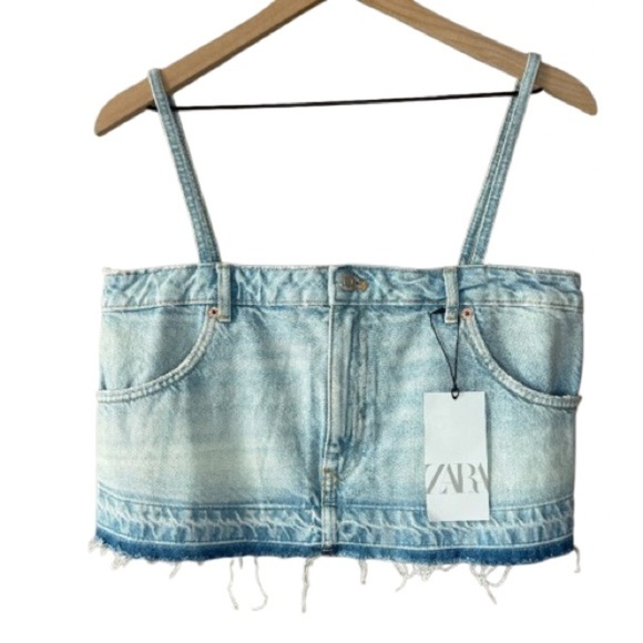 Women's M NWT Zara Skirt Effect Crop Denim Spaghetti Straps Jean Tank Top - Picture 1 of 7